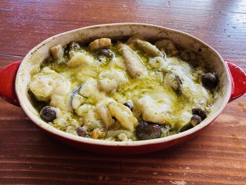 器ひとつで作る海老とナスとしめじのバジルグラタン